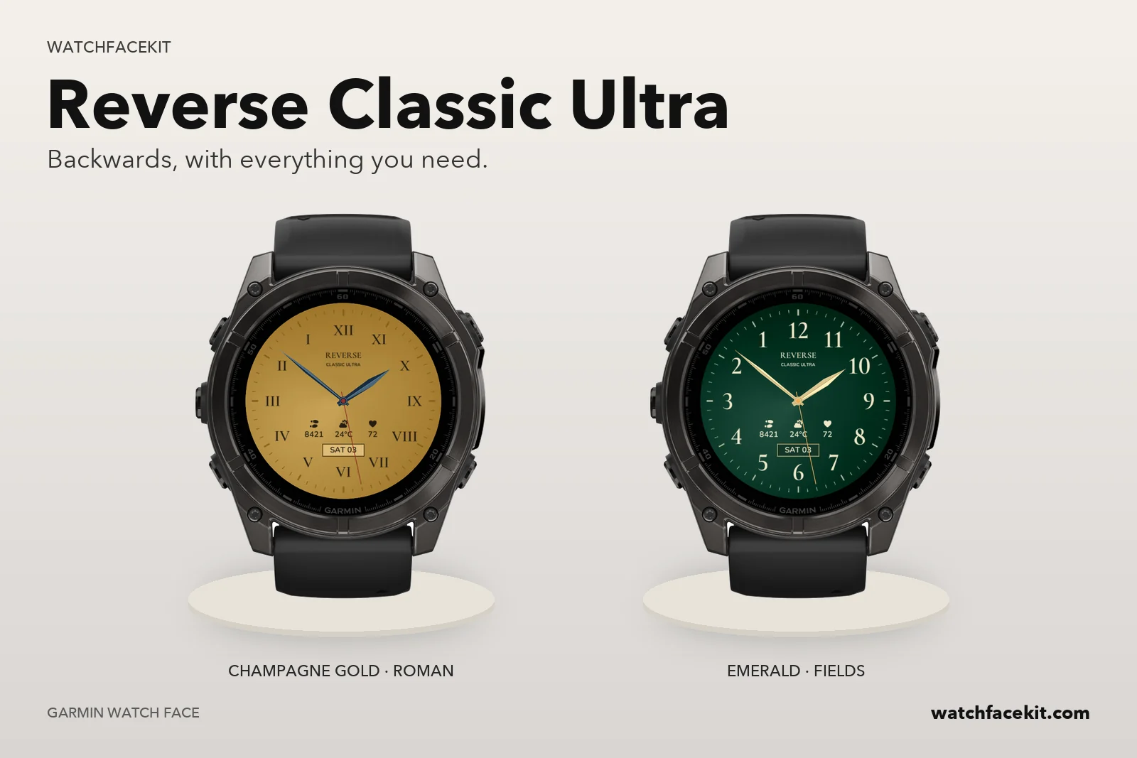 หน้าปัด Reverse Classic Ultra บน Garmin fēnix 8 — Champagne Gold · Roman และ Emerald · fields
