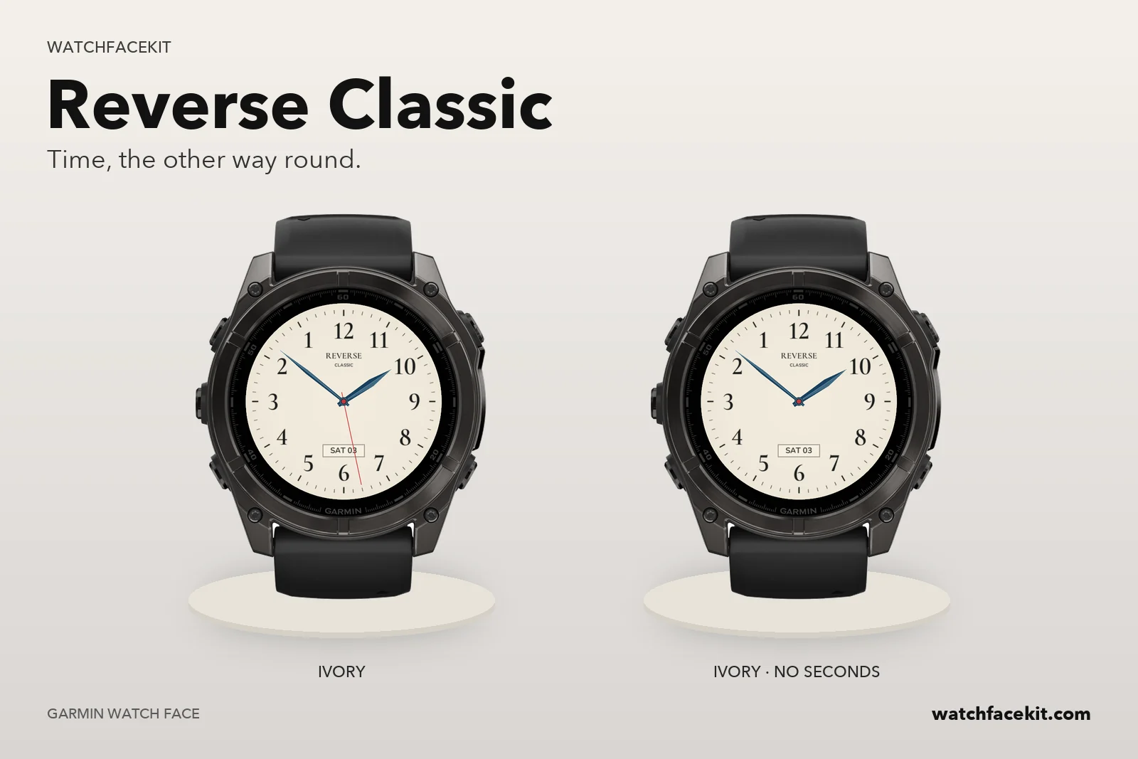 หน้าปัด Reverse Classic บน Garmin fēnix 8 — Ivory และ Ivory · no seconds