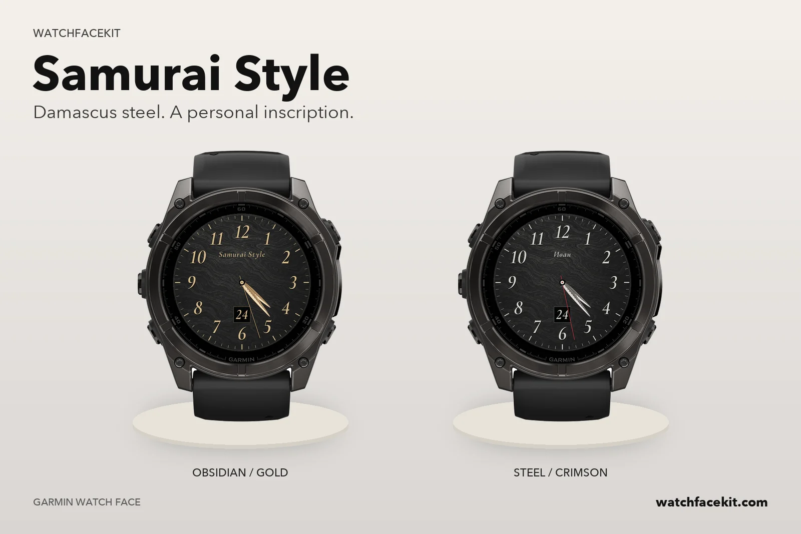 หน้าปัด Samurai Style บน Garmin fēnix 8 — Obsidian / Gold และ Steel / Crimson