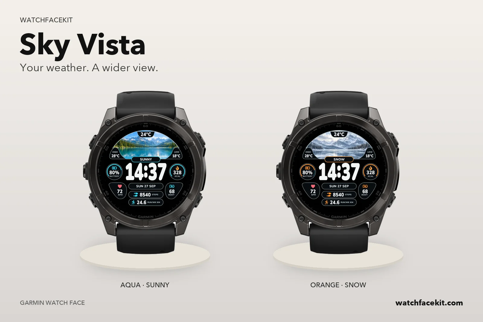 หน้าปัด Sky Vista บน Garmin fēnix 8 — Aqua · Sunny และ Orange · Snow
