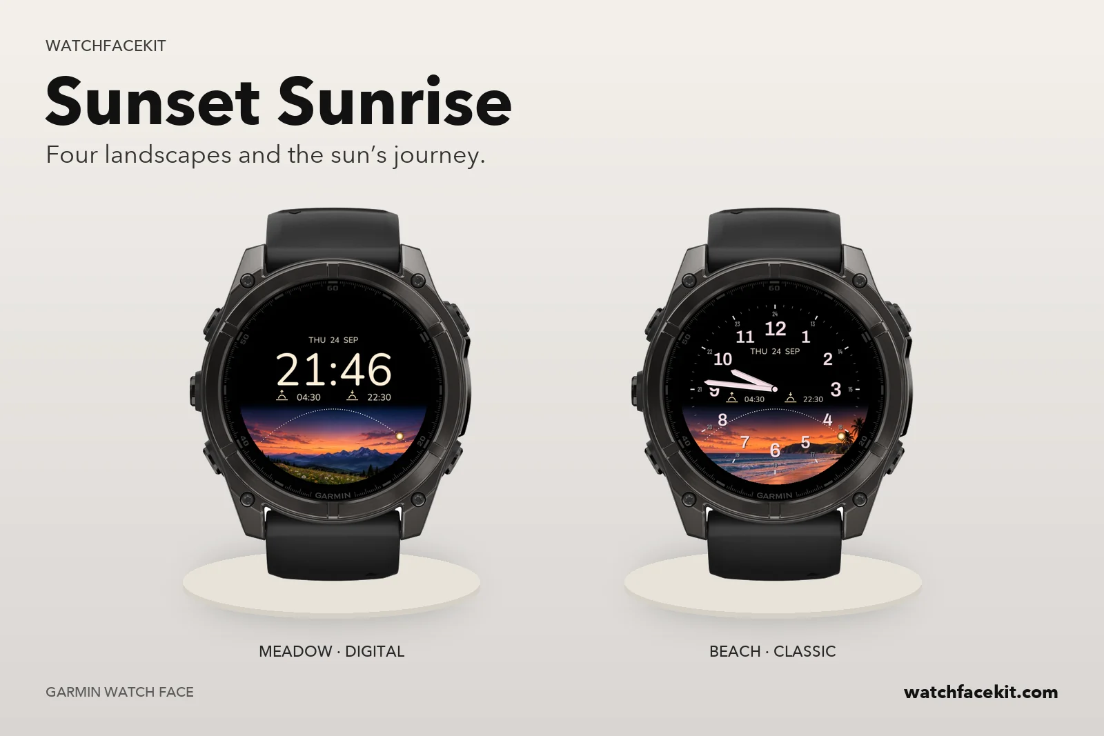 หน้าปัด Sunset Sunrise บน Garmin fēnix 8 — Meadow · Digital และ Beach · Classic
