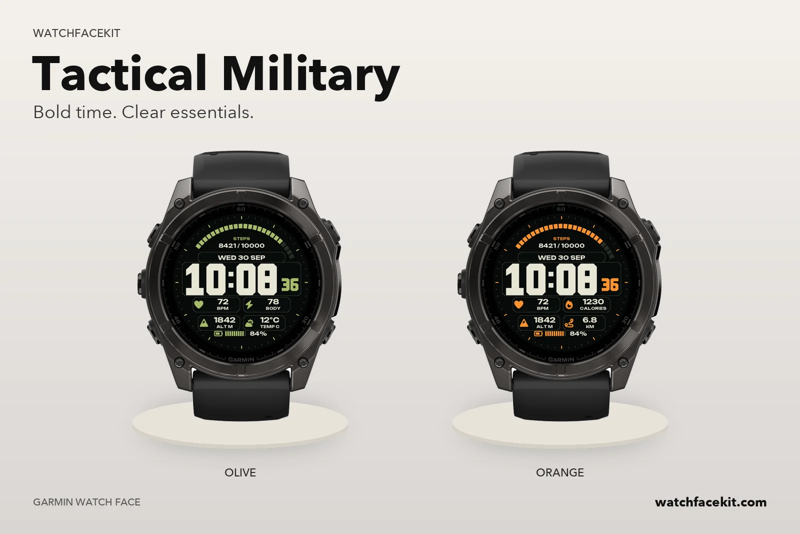 หน้าปัด Tactical Military บน Garmin fēnix 8 — Olive และ Orange