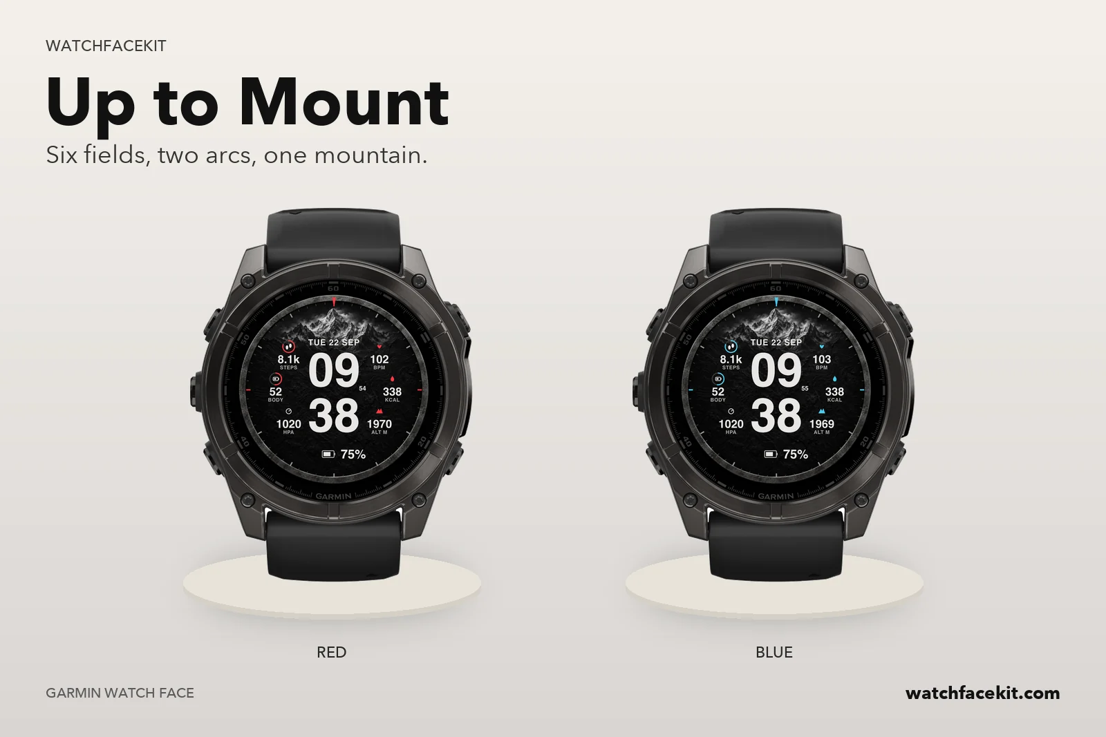 หน้าปัด Up to Mount บน Garmin fēnix 8 — Red และ Blue