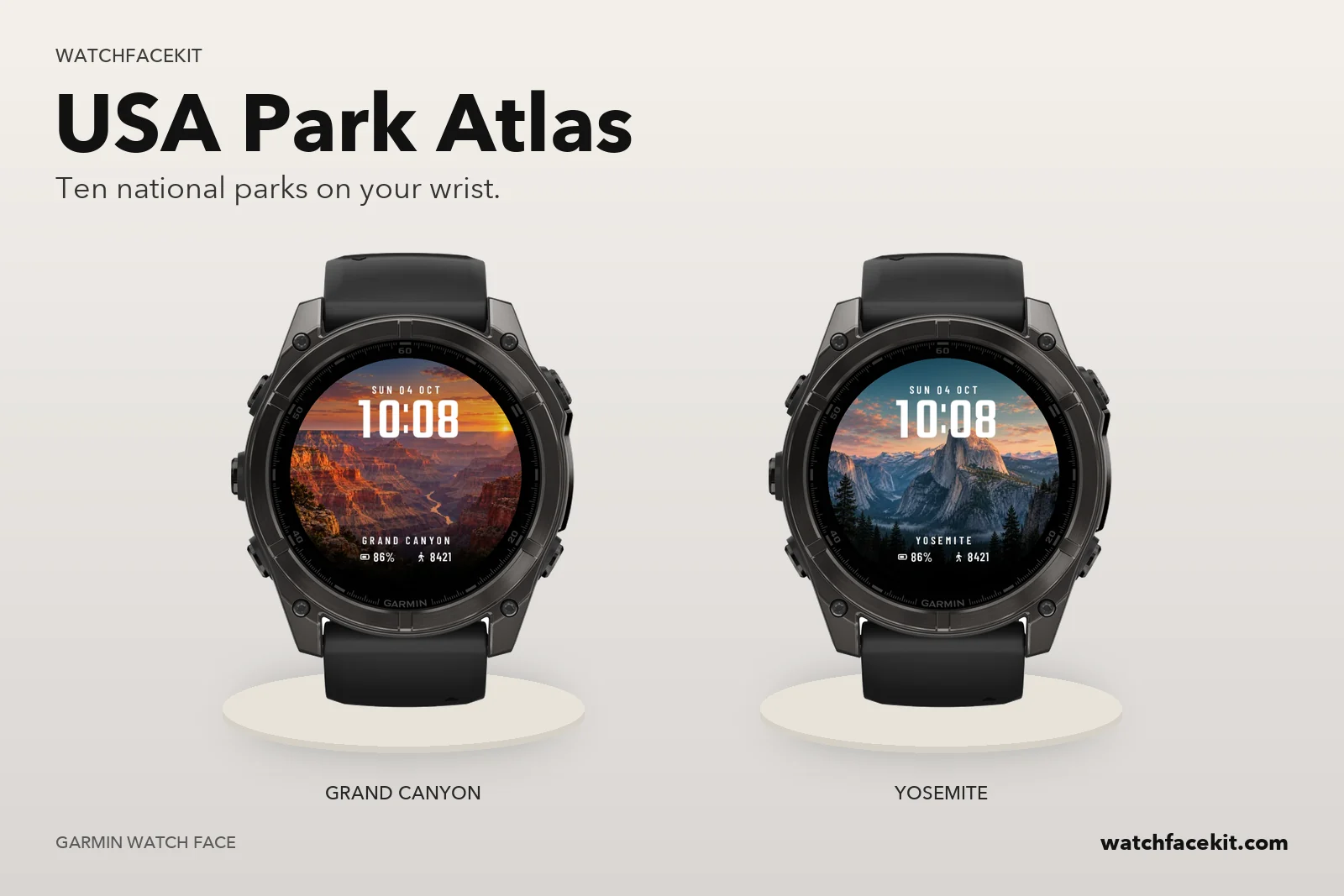 หน้าปัด USA Park Atlas บน Garmin fēnix 8 — Grand Canyon และ Yosemite