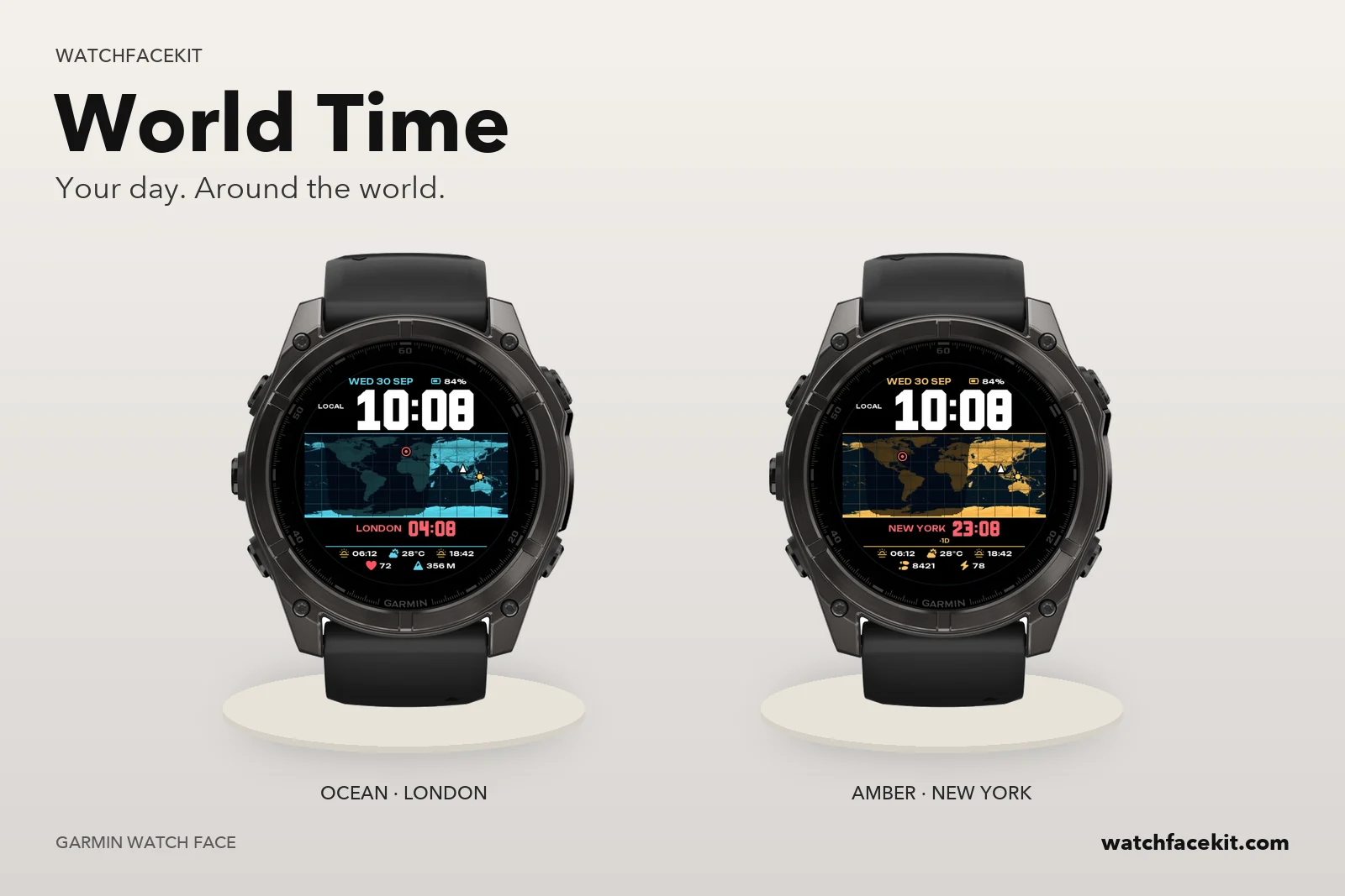 หน้าปัด World Time บน Garmin fēnix 8 — Ocean · London และ Amber · New York