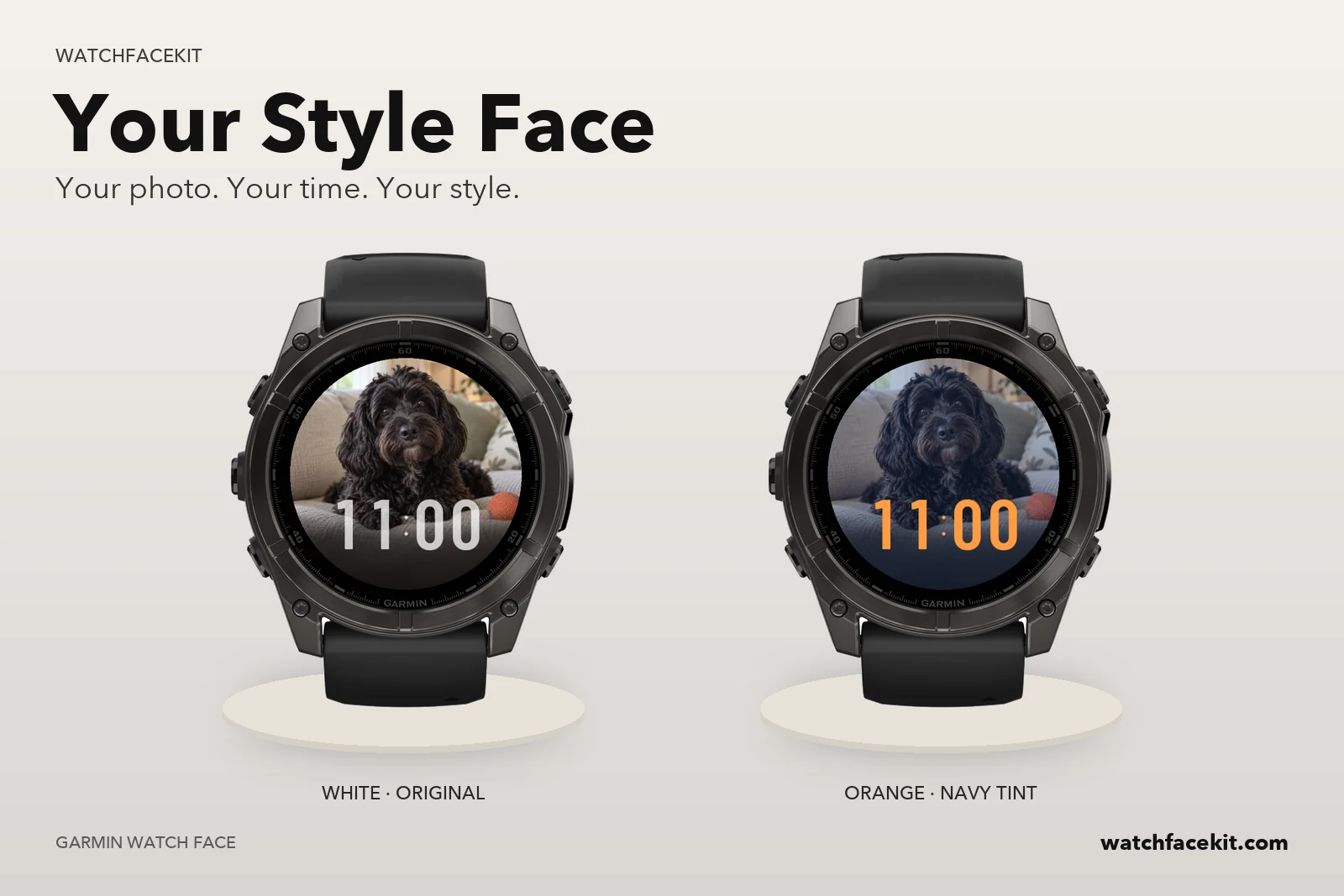 Your Style Face watch face on a Garmin fēnix 8 — White · original and Orange · Navy tint