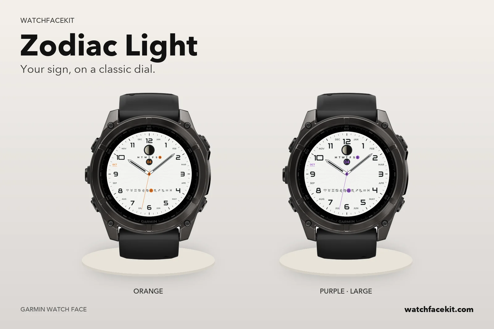 หน้าปัด Zodiac Light บน Garmin fēnix 8 — Orange และ Purple · Large