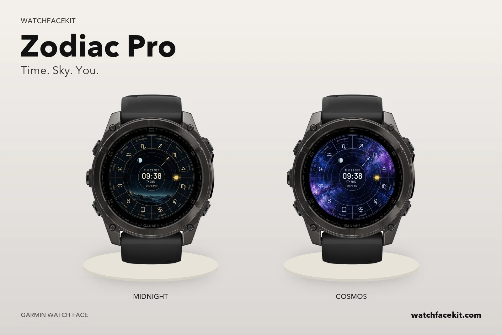 หน้าปัด Zodiac Pro บน Garmin fēnix 8 — Midnight และ Cosmos